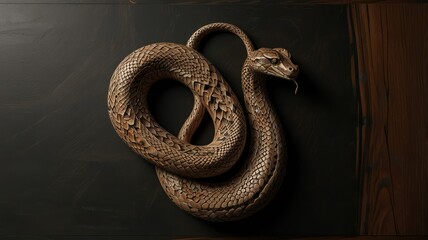 Obraz premium Intricate Carving of a Coiled Snake on Dark Wood