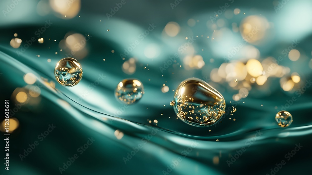 Poster droplets of water with golden highlights floating on a tranquil surface at twilight, creating a mesm