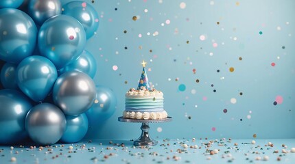 birthday party background with blue balloons and cake