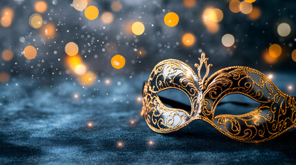 Colorful venetian mask golden glitter on black bokeh background. Mardi Gras, Purim traditional masquerade party concept. Mystery carnival backdrop for design card, banner, flyer with copy space