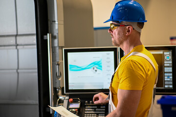 Industrial engineer managing a cnc milling machine using a computer numerical control panel, holding a technical drawing