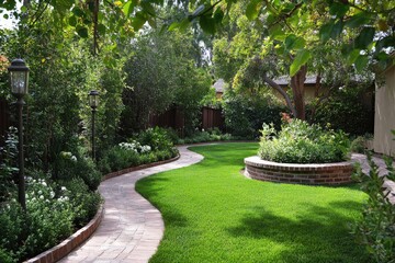 A backyard garden featuring a paved walkway that curves through lush grass