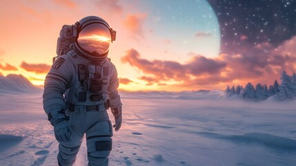 An astronaut walking on a frozen tundra planet with an alien sunrise glowing vividly in their helmet visor.