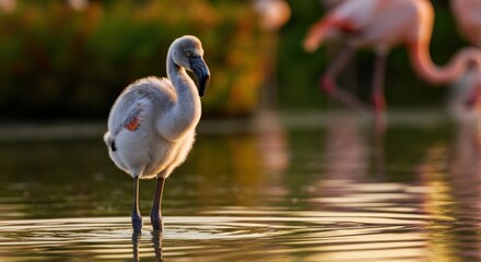 Serene flamingo chick standing in water at sunset in natural habitat
