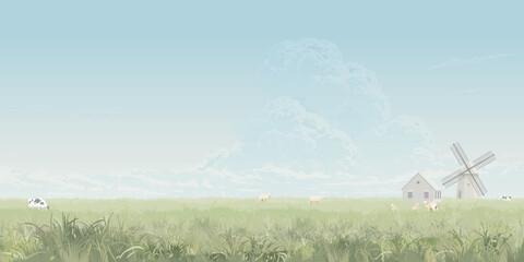 Minimalist agriculture landscape with country house and wind turbine have blue sky background. Farmland in spring season concept graphic illustration.