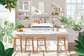 Obraz premium A bright, modern kitchen with a central island featuring white marble countertops
