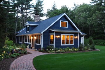 Obraz premium A charming modern suburban house with navy blue siding and white trim