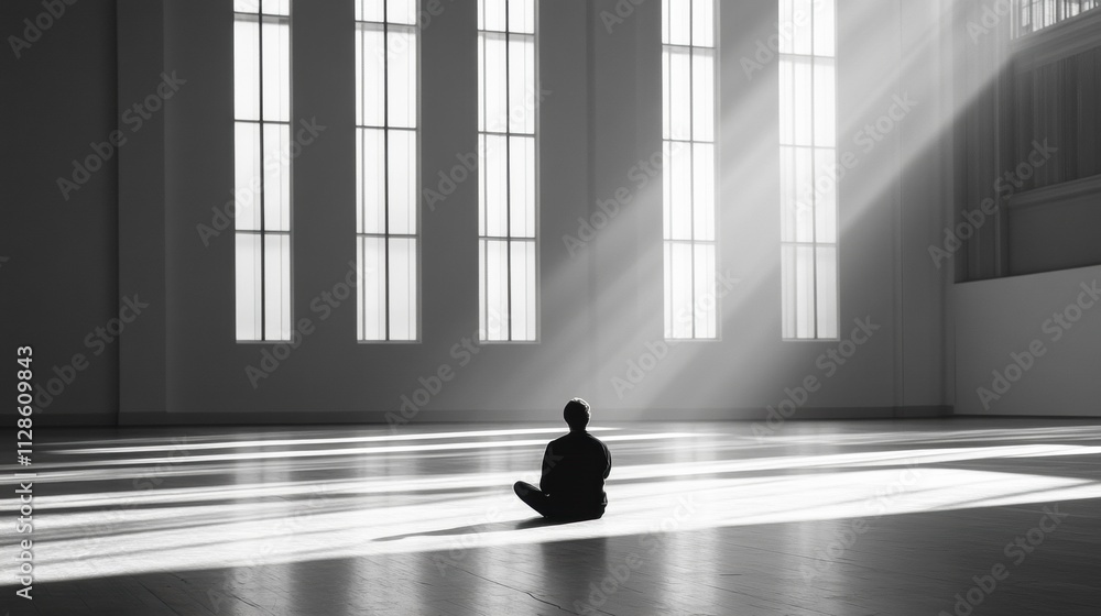 Poster a lone person sits on the floor of a vast gallery, surrounded by stark walls and sunlight streaming 