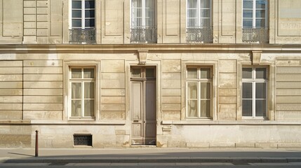 Elegant Parisian architecture, minimalist building, full wall with windows and doors, sunny afternoon, peaceful urban environment, no people present.