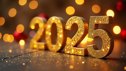 Sparkling Start to 2025
Golden glittery "2025" numbers surrounded by festive bokeh lights