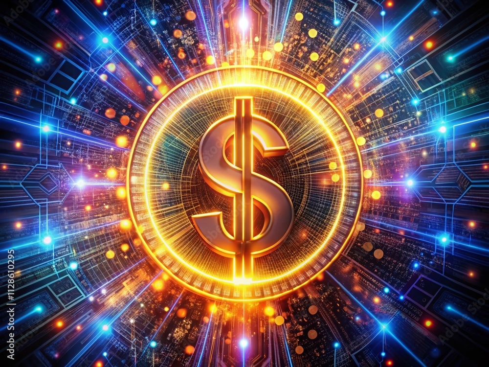 Aufkleber a radiant dollar sign surrounded by vibrant digital patterns and bright lights symbolizing the inter
