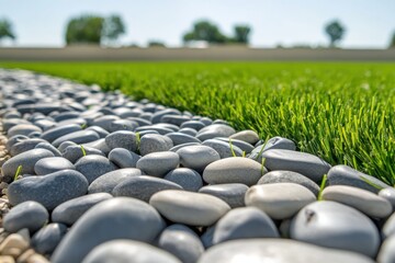A close-up, low-angle view of a freshly mowed vibrant green lawn bordered by smooth gray river rocks