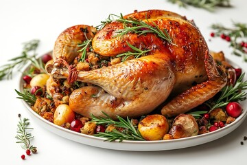 Isolated on a white backdrop is a roasted turkey served with stuffing and spices. Generative Ai