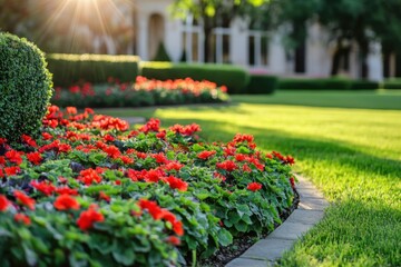 Fototapeta premium A close-up view of a home's front yard with vibrant flower beds filled with red and green plants
