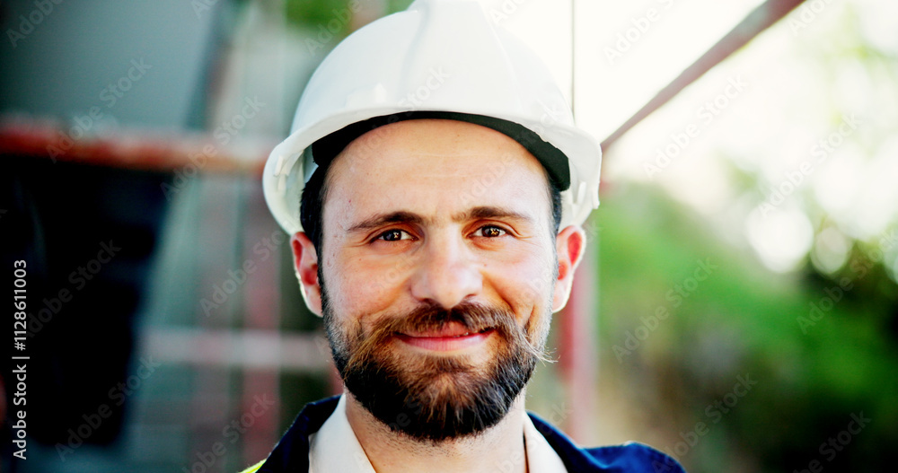 Poster smile, man and face of construction worker on site for city planning with building development. happ
