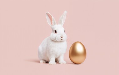 Fototapeta premium Cute white rabbit sitting next to a large golden egg on a pink background.