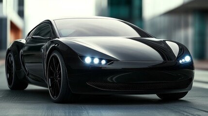 Sleek Black Luxury Sports Car, Street Parked, Headlights Illuminated, City Background,