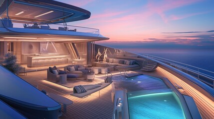Obraz premium Luxury yacht sunset deck with infinity pool, lounge seating, and bar.