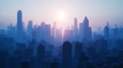 Fototapeta premium A Blue Cityscape Skyline with a Hazy Sun Rising