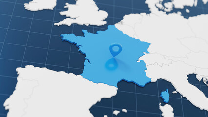 Fototapeta premium Blue France 3d map with pointer pin surrounded with other countries in white. Europe political map with borders. 3d render illustration