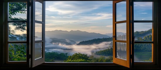 Open window overlooking mountain valley with morning sunlight and countryside mist
