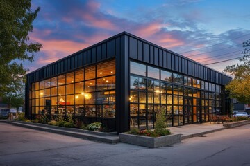 A contemporary industrial building with a sleek black facade and large glass windows