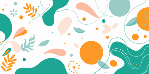 Naklejka premium Abstract background featuring turquoise and orange geometric shapes and floral elements