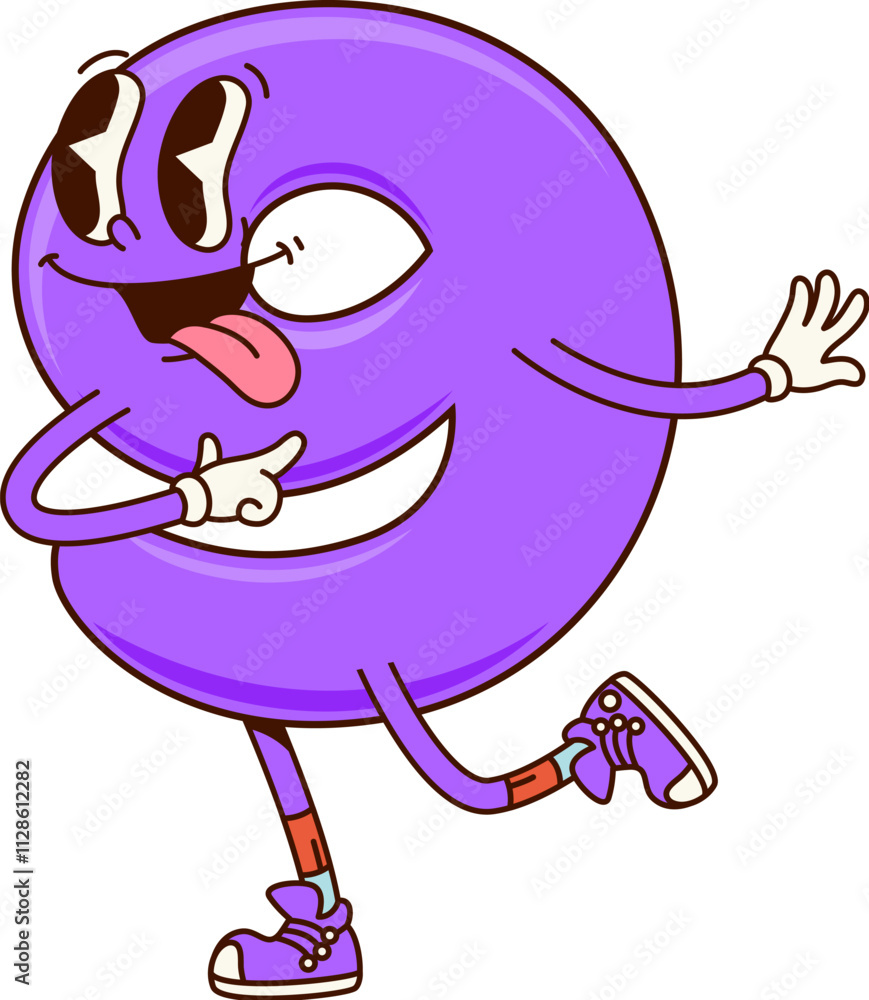 Poster Groovy math number 9 Nine cartoon character with funny face, vector funky numeral. Groovy number 9 or Nine numeral with silly smile and freaky tongue out for kids mathematics or font cartoon character