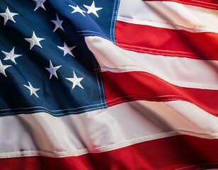  A close up of the US flag waving in the wind for Memorial Day or 4th of July