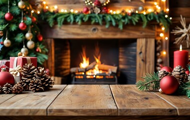 Rustic wooden table with Christmas decorations in front of a cozy fireplace.