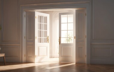 Obraz premium Sunlight streams through open double doors in a bright, elegant room with hardwood floors.