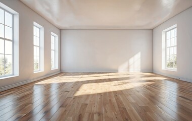 Sunlit empty room with hardwood floors and large windows. (1)