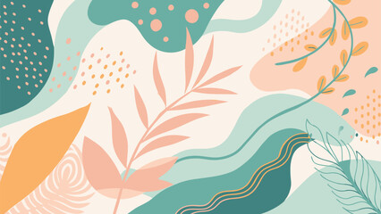 Modern abstract background featuring a harmonious blend of organic shapes, tropical colors, and minimalist design elements, creating a visually appealing composition