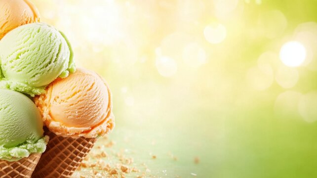 Delicious bright green and orange ice cream scoops in a cone vibrant dessert photography summer vibe