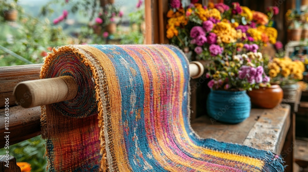 Poster vibrant handwoven textile on display with colorful floral arrangements in a rustic setting surrounde