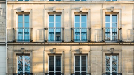 Fototapeta premium Elegant Parisian architecture, minimalist design, complete wall with windows and doors, warm sunlight, peaceful urban setting, no people visible.