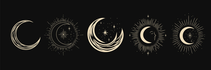Fototapeta premium Vector illustration set of moon phases. Different stages of moonlight activity in vintage engraving style. Zodiac Signs 