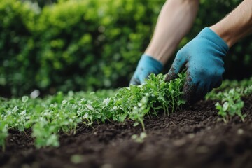 Fototapeta premium A gardener laying a fresh roll of sod on a prepared soil bed in a backyard The person's hands