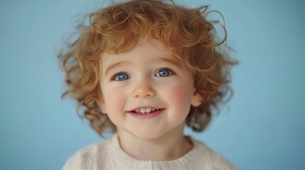 Naklejka premium Happy toddler with curly red hair and blue eyes smiling against a light blue background.