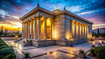 Fototapeta premium Architectural Photography of Samuel Hearing God's Voice in a Temple Scene at Night, Featuring a Beige Background and Ample Copyspace for Biblical Illustration
