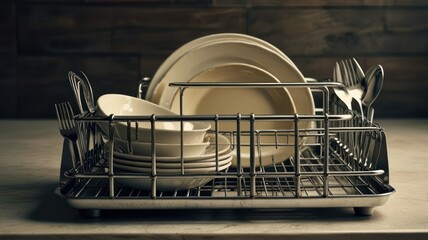 Clean dishes drying in a metal rack on a kitchen counter.