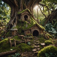 A vibrant scene of lush green plants thriving in a serene natural environment. The plants include ferns, succulents, and flowering species, each glowing with dew under a soft golden morning light.