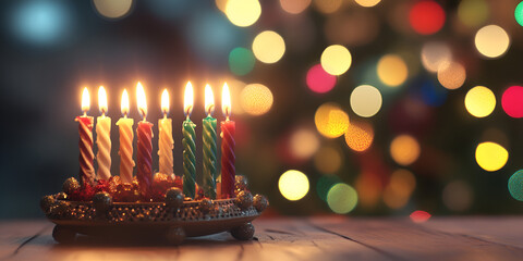 Colorful Menorah Candles Lit in Festive Lighting

