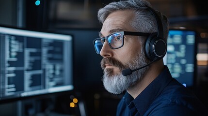 A focused professional wearing a headset and glasses, engaged with computer screens displaying data and code in a modern tech environment.