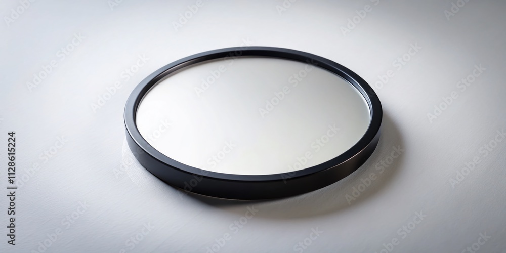 Poster a round mirror with black border on a white surface captured with tilt-shift photography for minimal