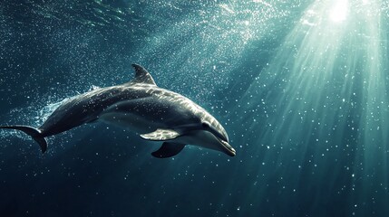 Obraz premium A serene underwater scene featuring a dolphin swimming gracefully in beams of sunlight, creating a tranquil and vibrant marine atmosphere.