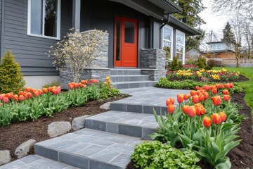 Fototapeta premium A modern house front porch featuring a stone-paved pathway and steps surrounded by small flower beds