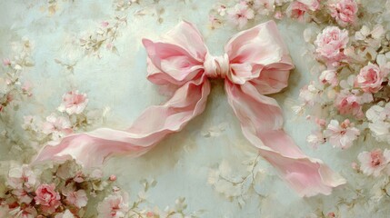 Pink Ribbon Bow Amidst Delicate Pastel Flowers