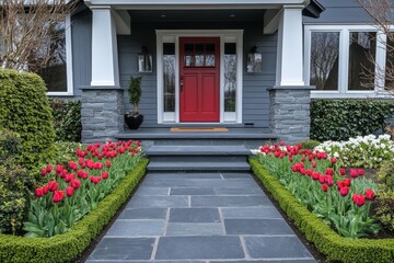 Obraz premium A modern house front porch featuring a stone-paved pathway and steps surrounded by small flower beds
