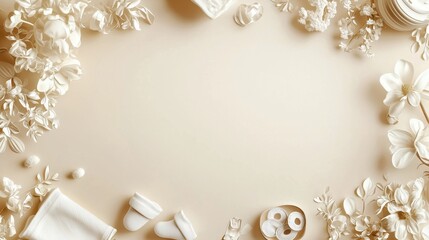 Beige baby shower invitation with a blanket, socks, and flowers